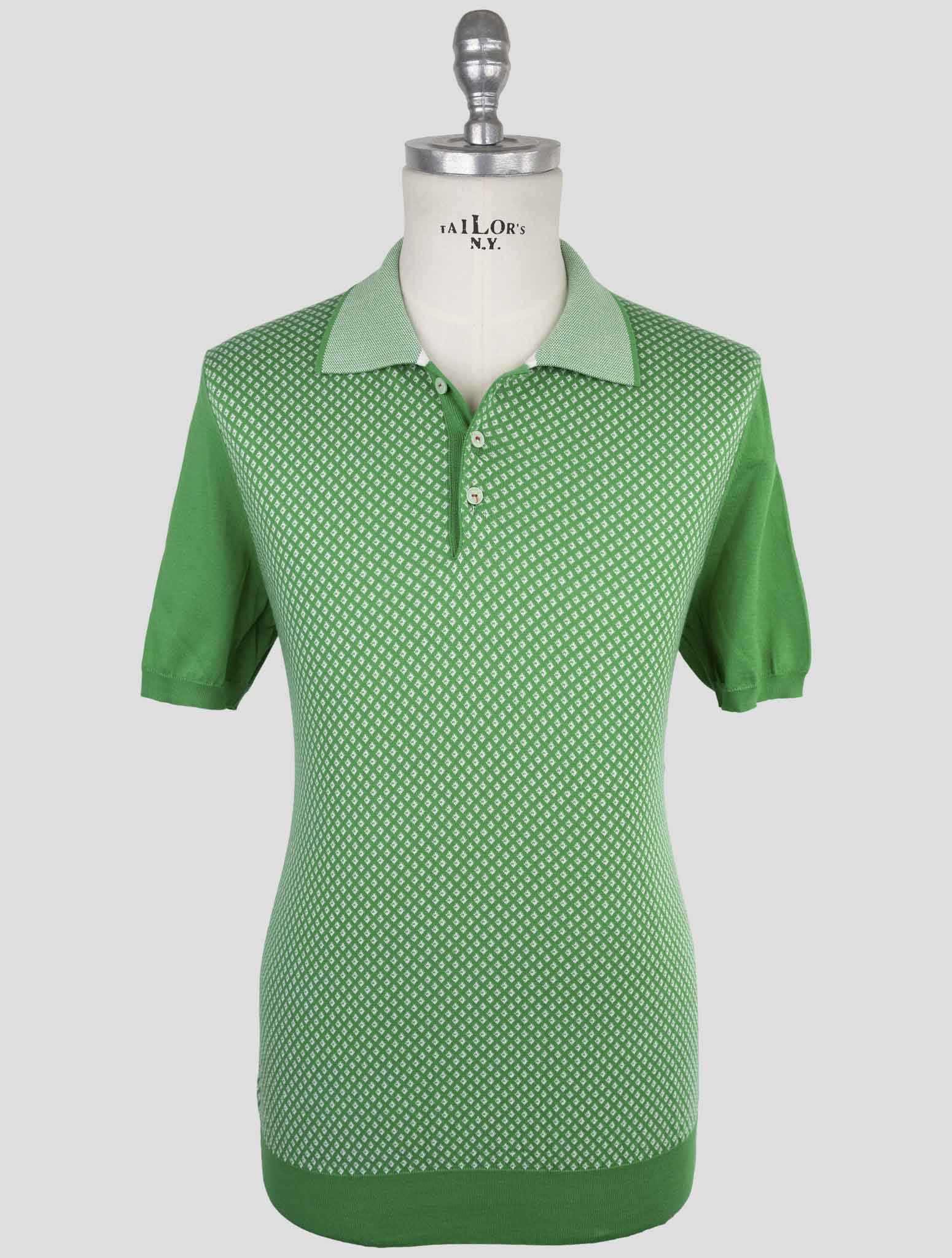 Хлопковая рубашка-поло Kiton Premium, зелено-белая, двухцветная, производство Италия.