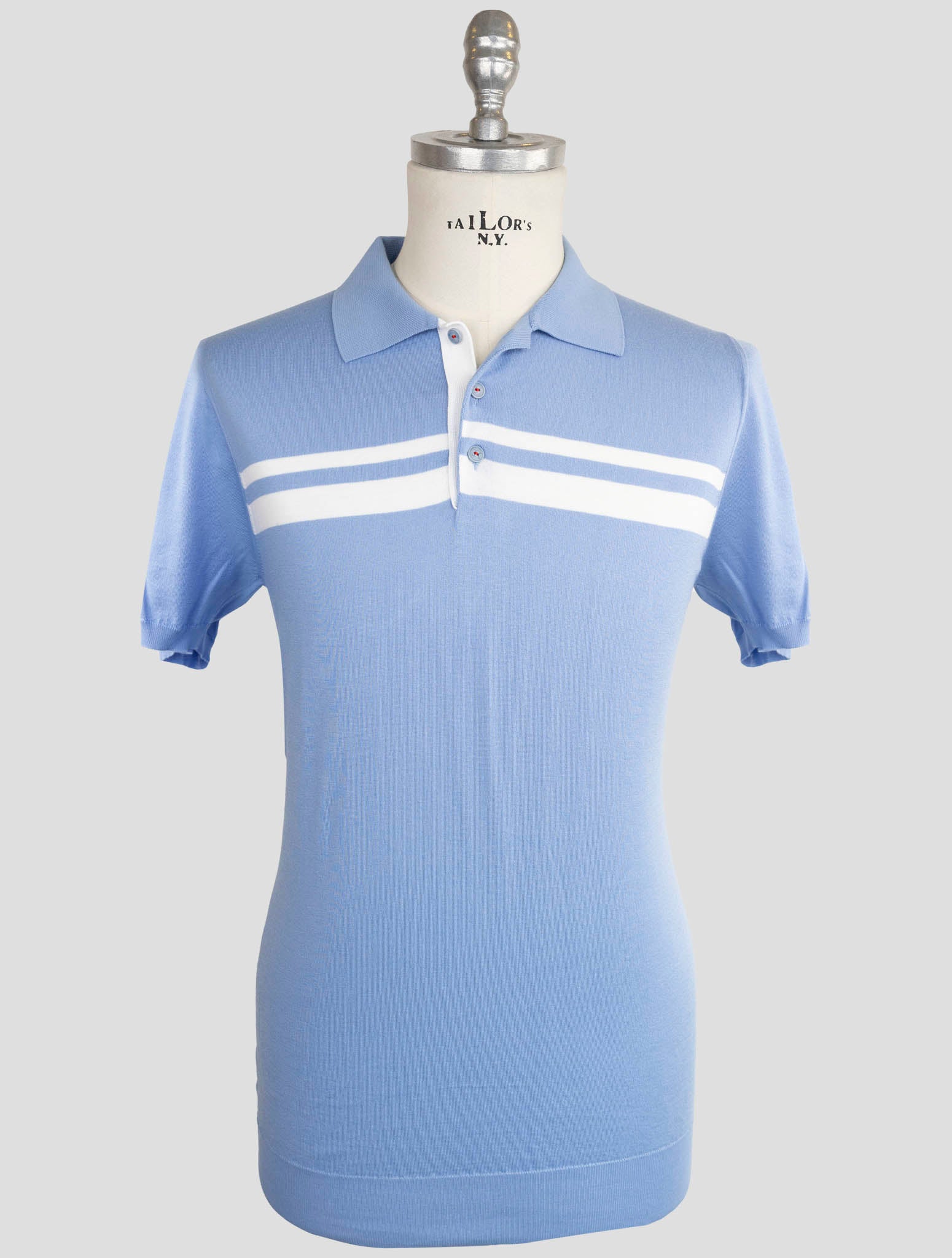 Хлопковая рубашка-поло Kiton Premium, светло-голубая, белая — сделано в Италии.