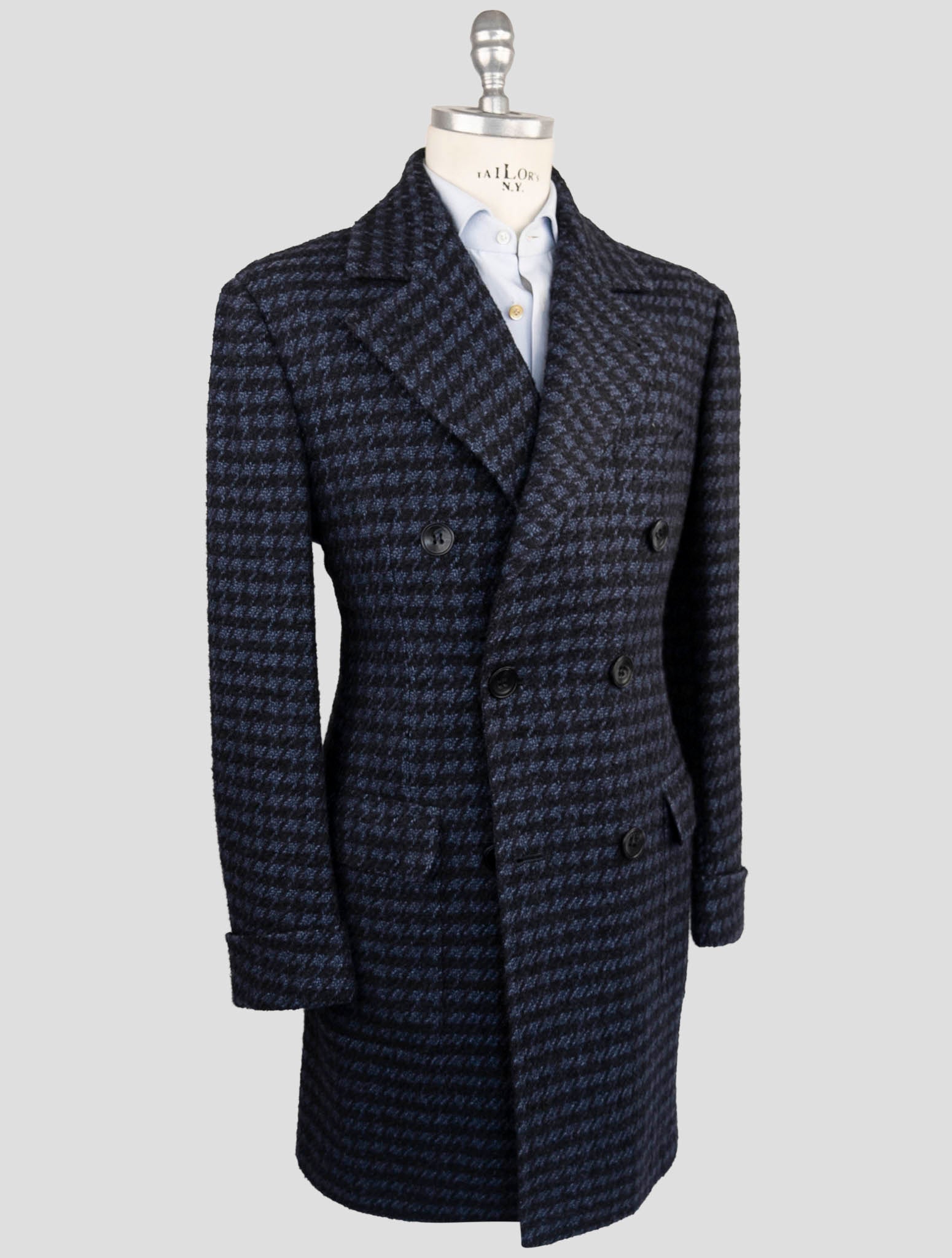 Kiton Темно-синее пальто ручной работы из кашемира и альпаки с узором «гусиные лапки»