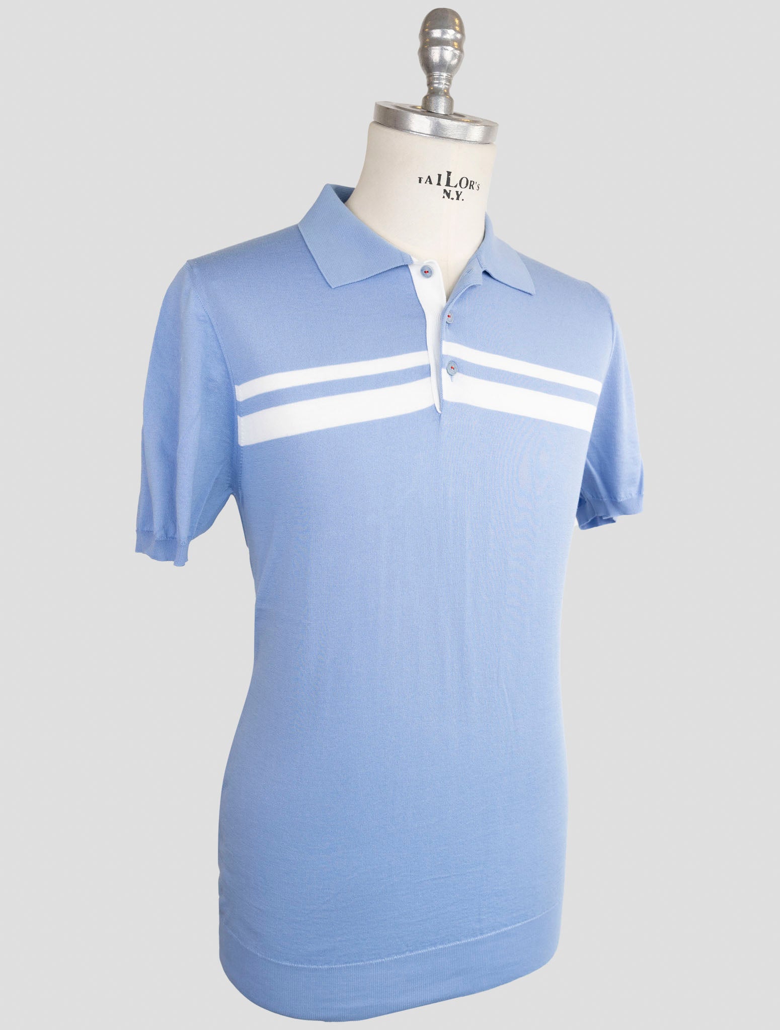 Хлопковая рубашка-поло Kiton Premium, светло-голубая, белая — сделано в Италии.