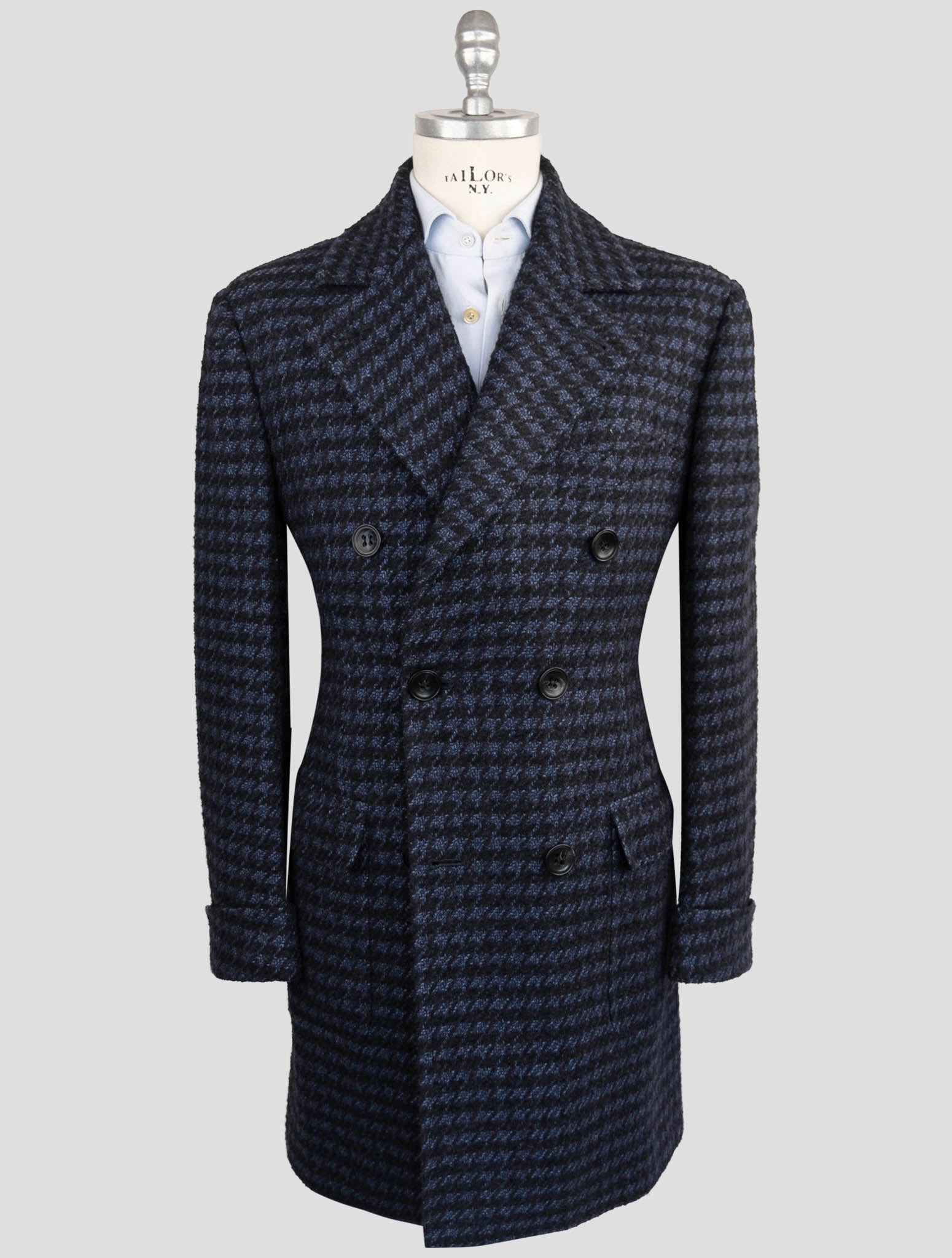 Kiton Темно-синее пальто ручной работы из кашемира и альпаки с узором «гусиные лапки»