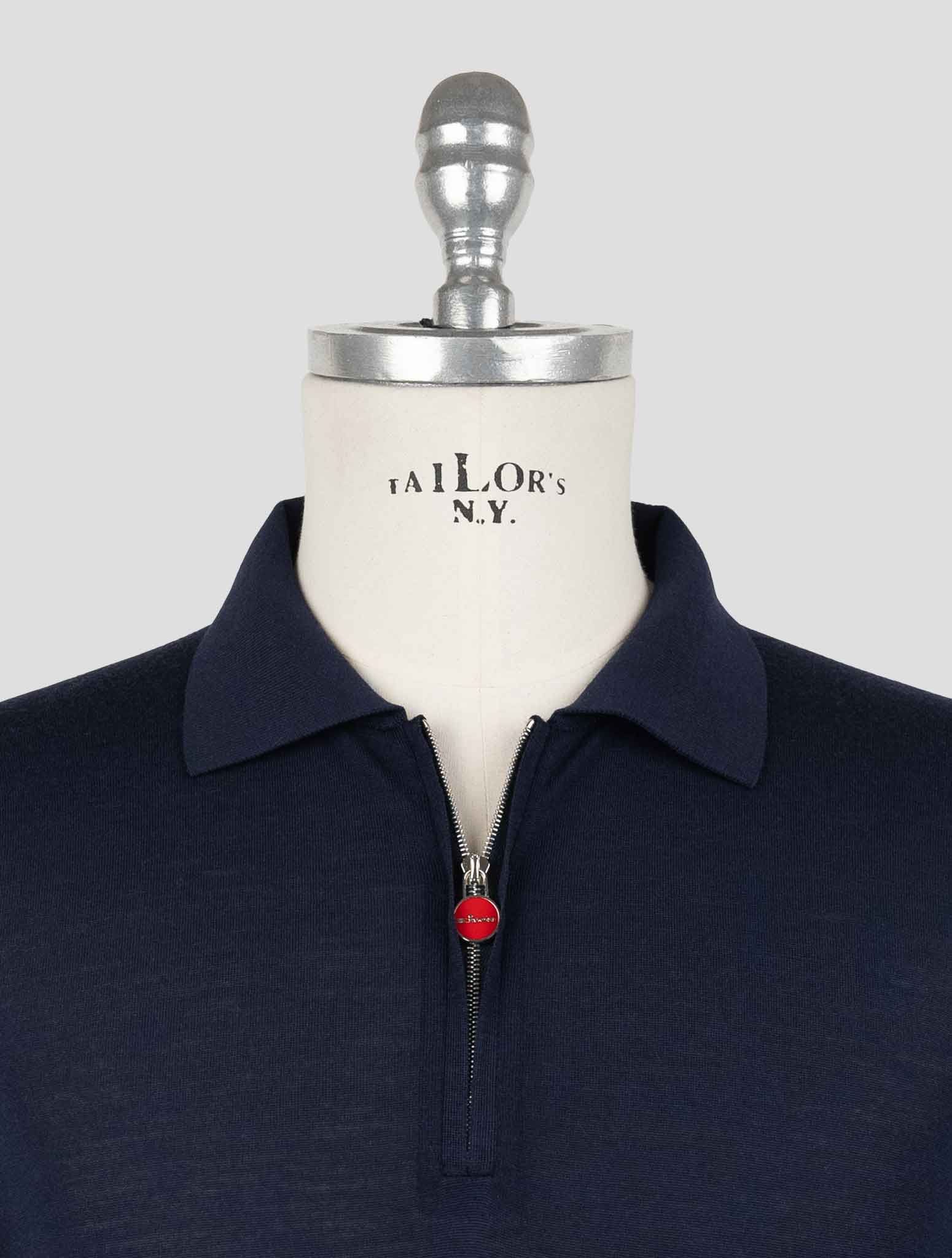 Свитер-поло Kiton из синей шерсти толщиной 14 микрон