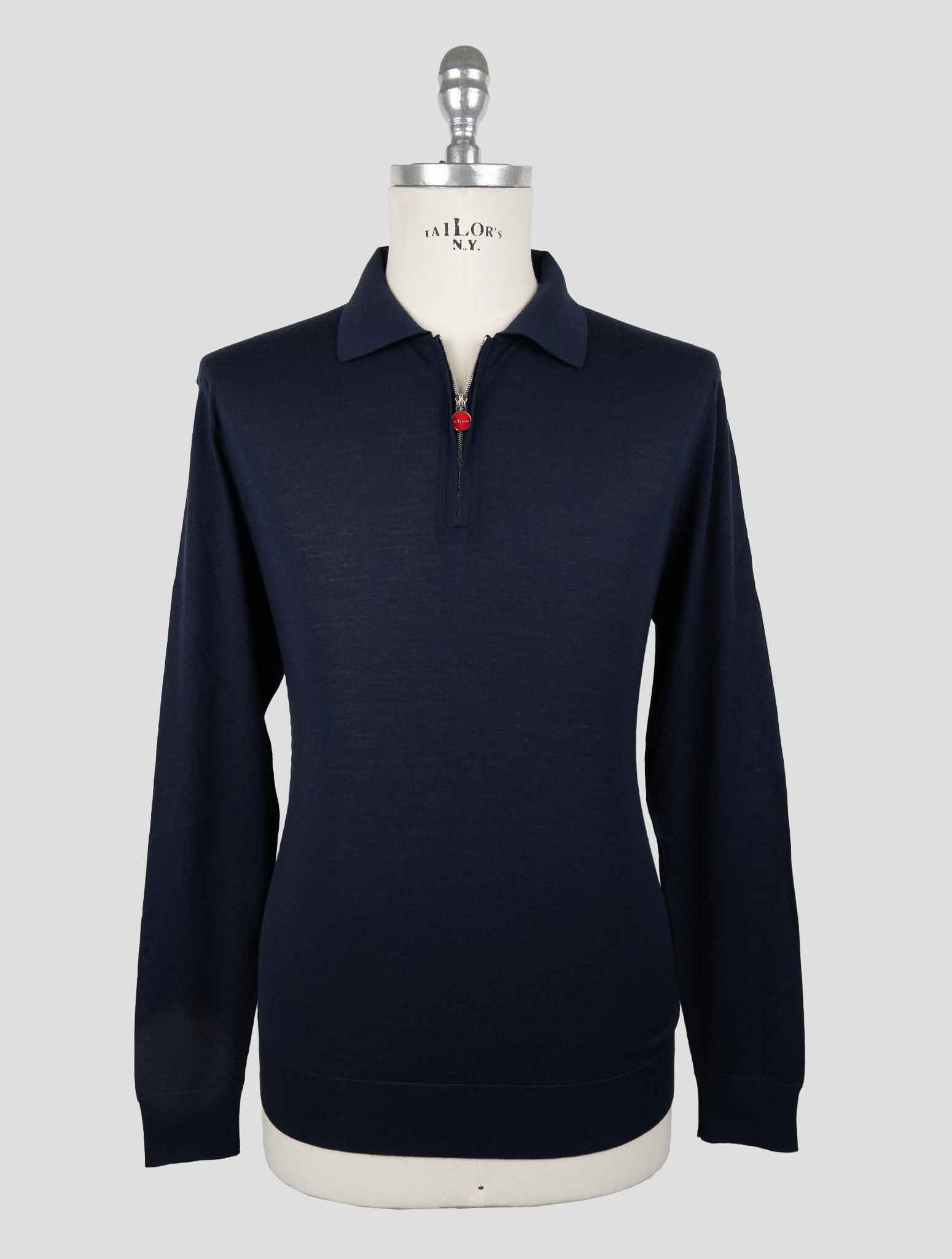 Свитер-поло Kiton из синей шерсти толщиной 14 микрон